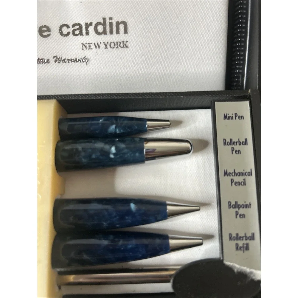 Pierre Cardin 5 Piece Blue Pen Set. Vintage Unused Blue Marble Coloring.